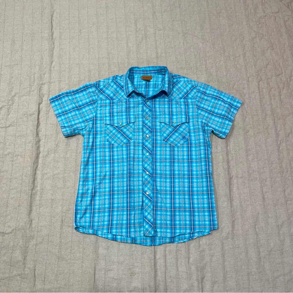 Ariat Pearl Snap Shirt Mens XL Blue Plaid Western Pockets Short Sleeve